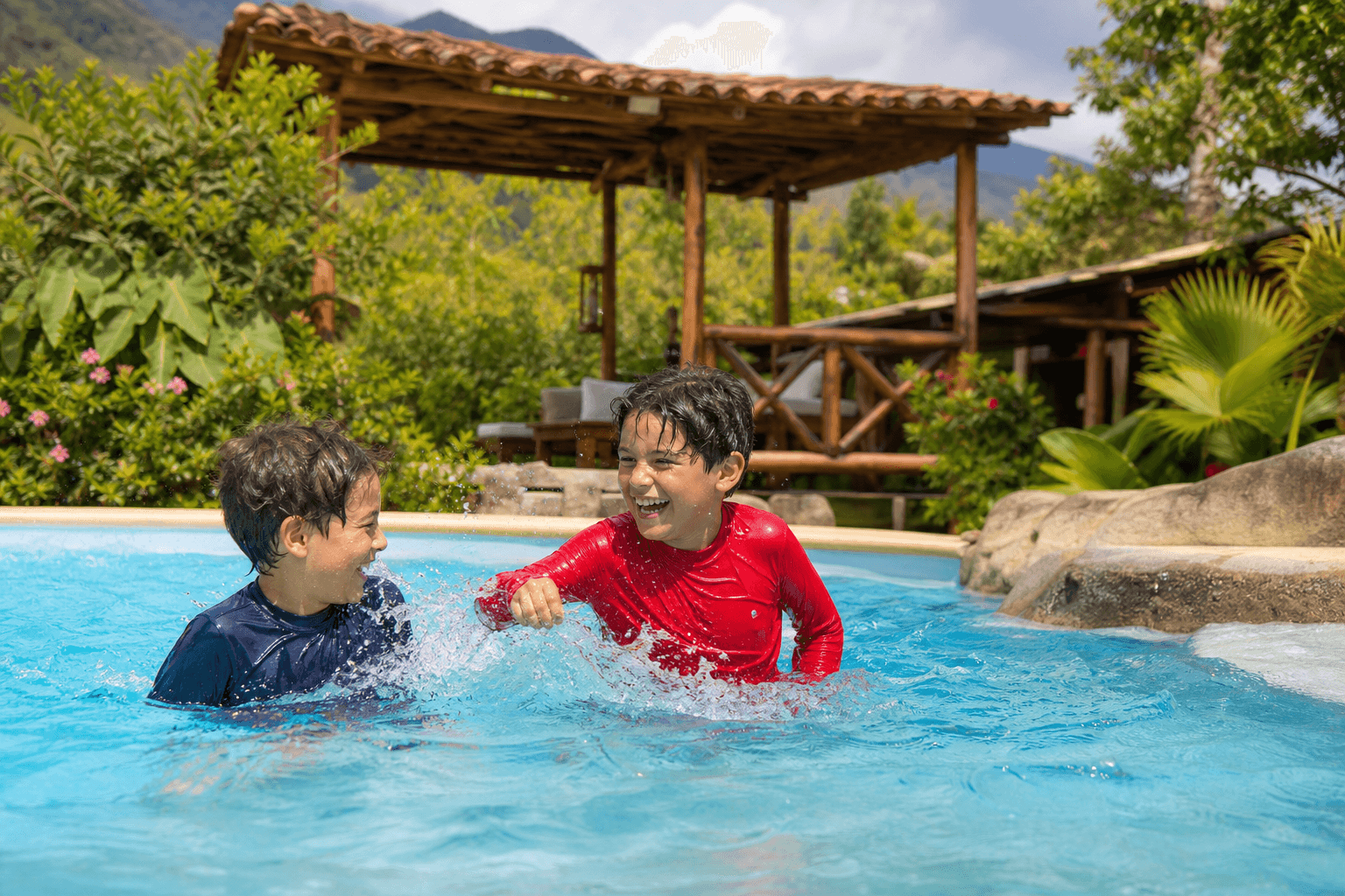 Niños disfrutando la piscina en Villa Martha